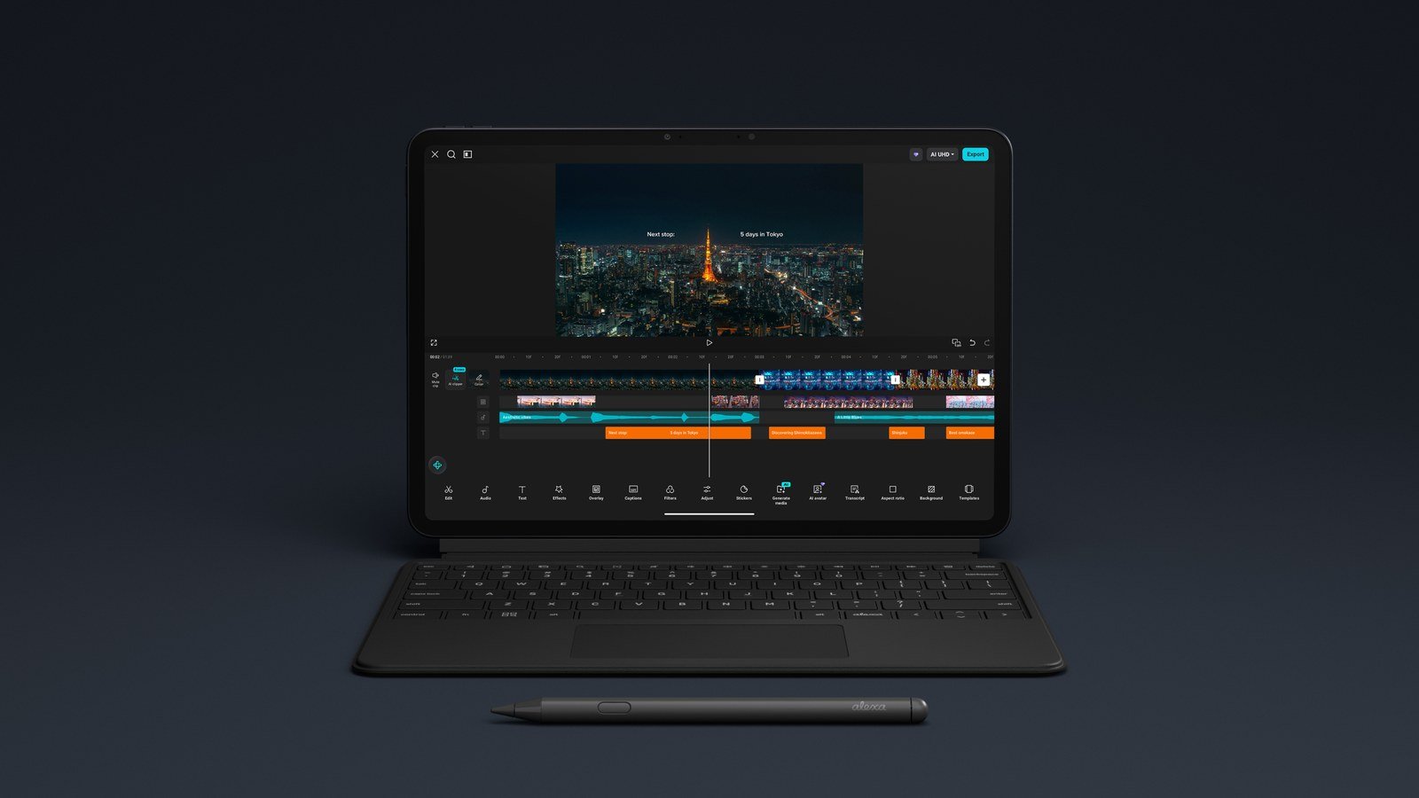 Alexa Tablet 12 Pro attached to the black Pro Keyboard with a trackpad, running a video editing app, with the Pro Pen lying in front