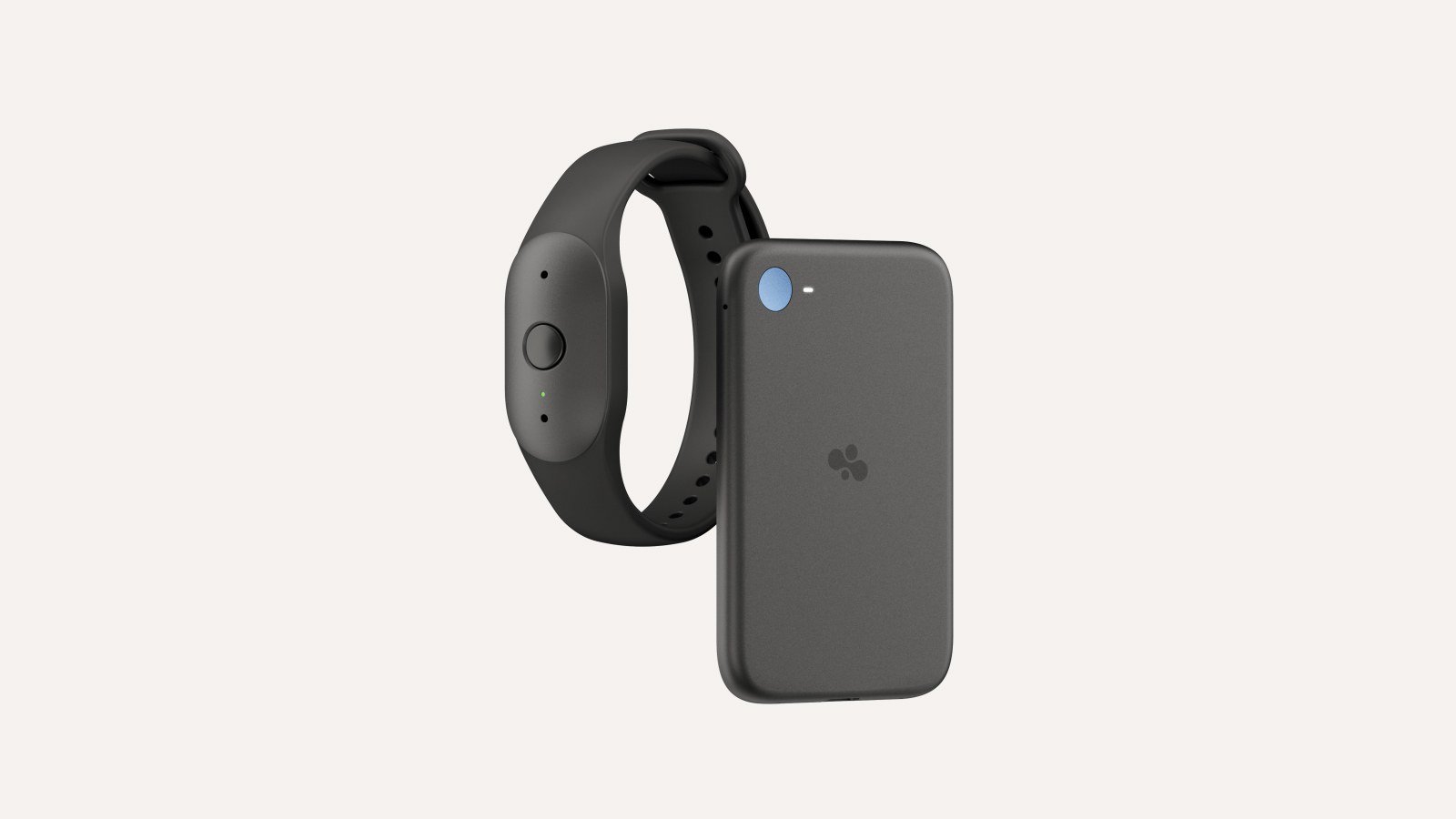 Bee Frontier in black on its wristband next to Bee Eclipse in black, each showing its single button and indicator light