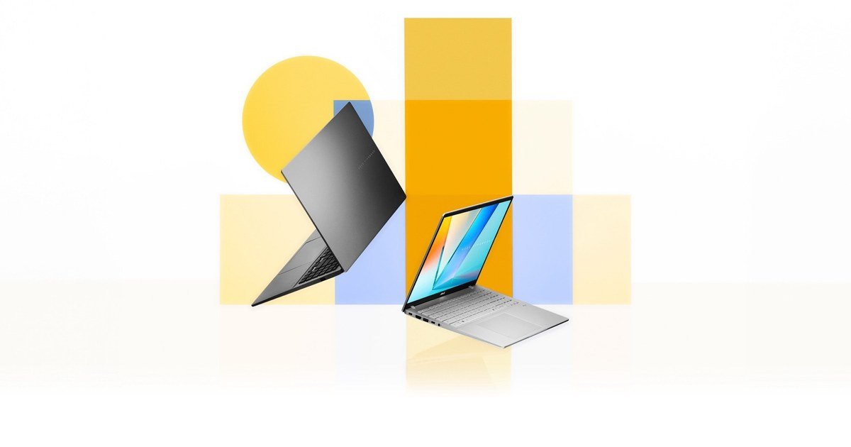 Two ASUS Vivobook S16 laptops, one Matte Gray from behind and one Cool Silver open, against yellow and blue blocks