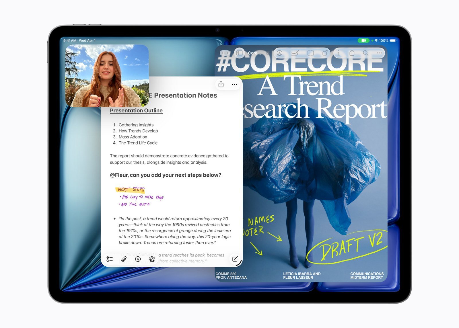 An iPad Air screen split between a presentation draft, a notes panel, and a video call, showing tablet multitasking