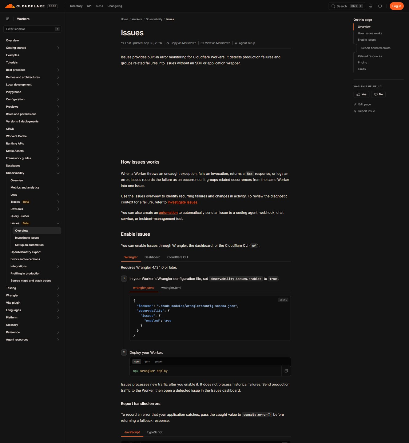 Cloudflare's Workers Issues documentation page showing the observability dot issues dot enabled setting