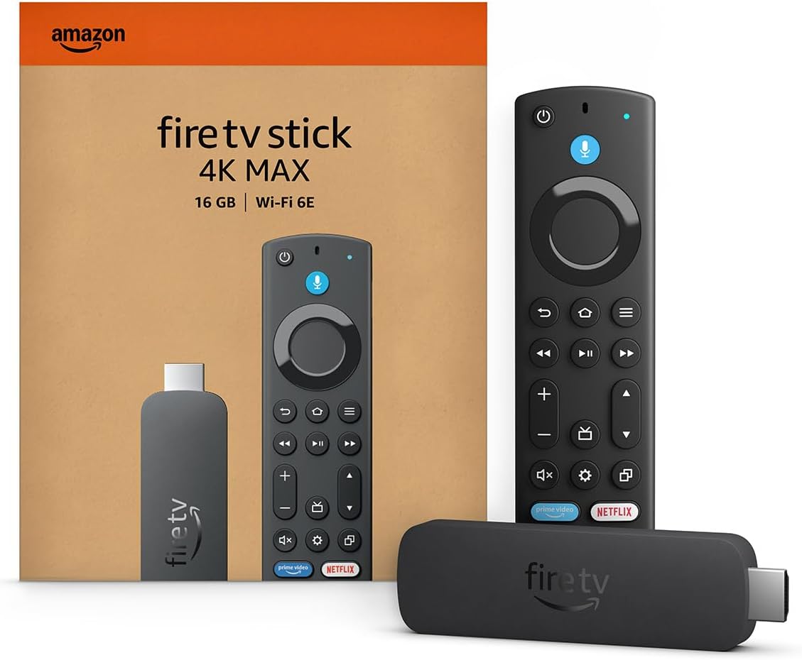 Amazon Fire TV Stick 4K Max, 16 GB, Wi-Fi 6E, with its remote and retail box