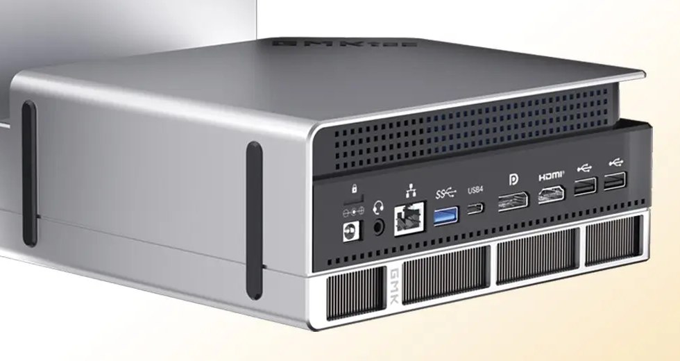 GMKtec EVO-X2 mini workstation, AMD Ryzen AI Max+ 395, shown from the rear with its full port bank