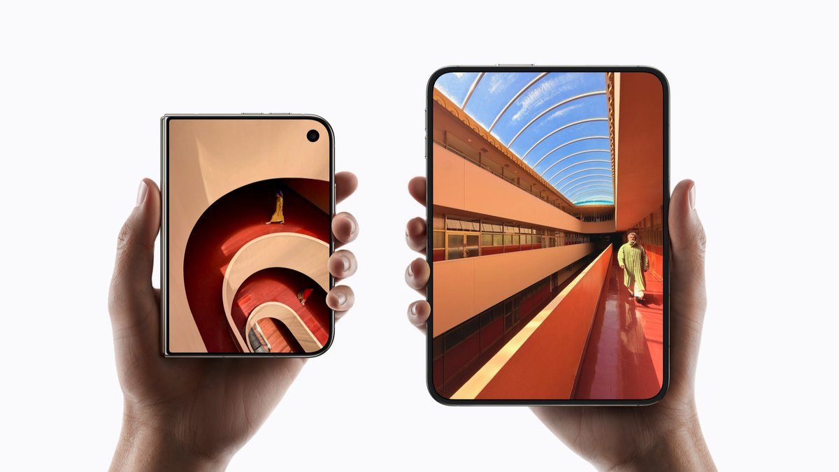 Two hands holding iPhone Duo closed on the left and open on the right, showing the 5.4-inch outer display next to the 7.6-inch inner display