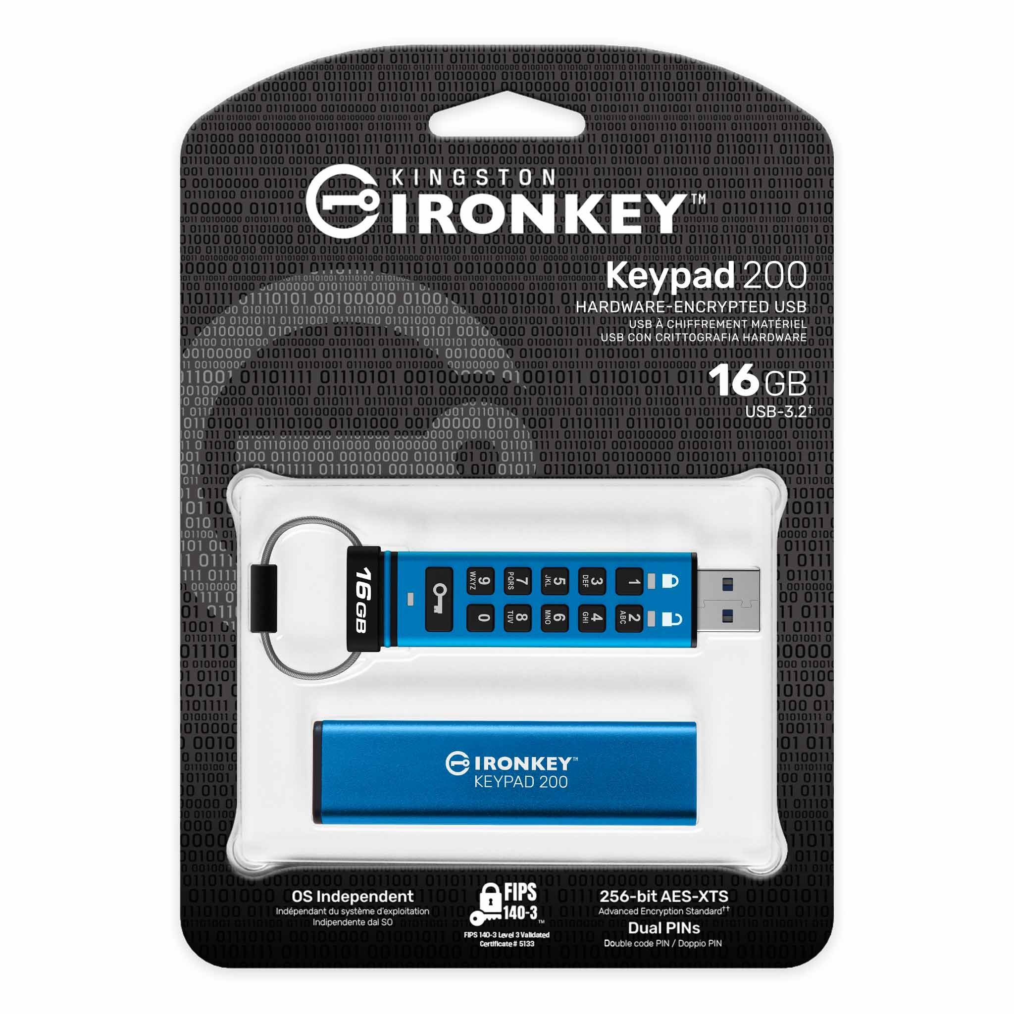 Kingston IronKey Keypad 200 hardware-encrypted USB drive in retail packaging, showing the alphanumeric keypad on the drive body