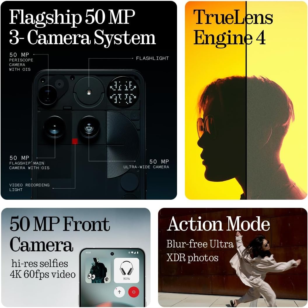 Nothing Phone (3) marketing graphic showing the rear camera layout with the 50MP periscope, 50MP main, and 50MP ultra-wide cameras labeled, plus the 50MP front camera