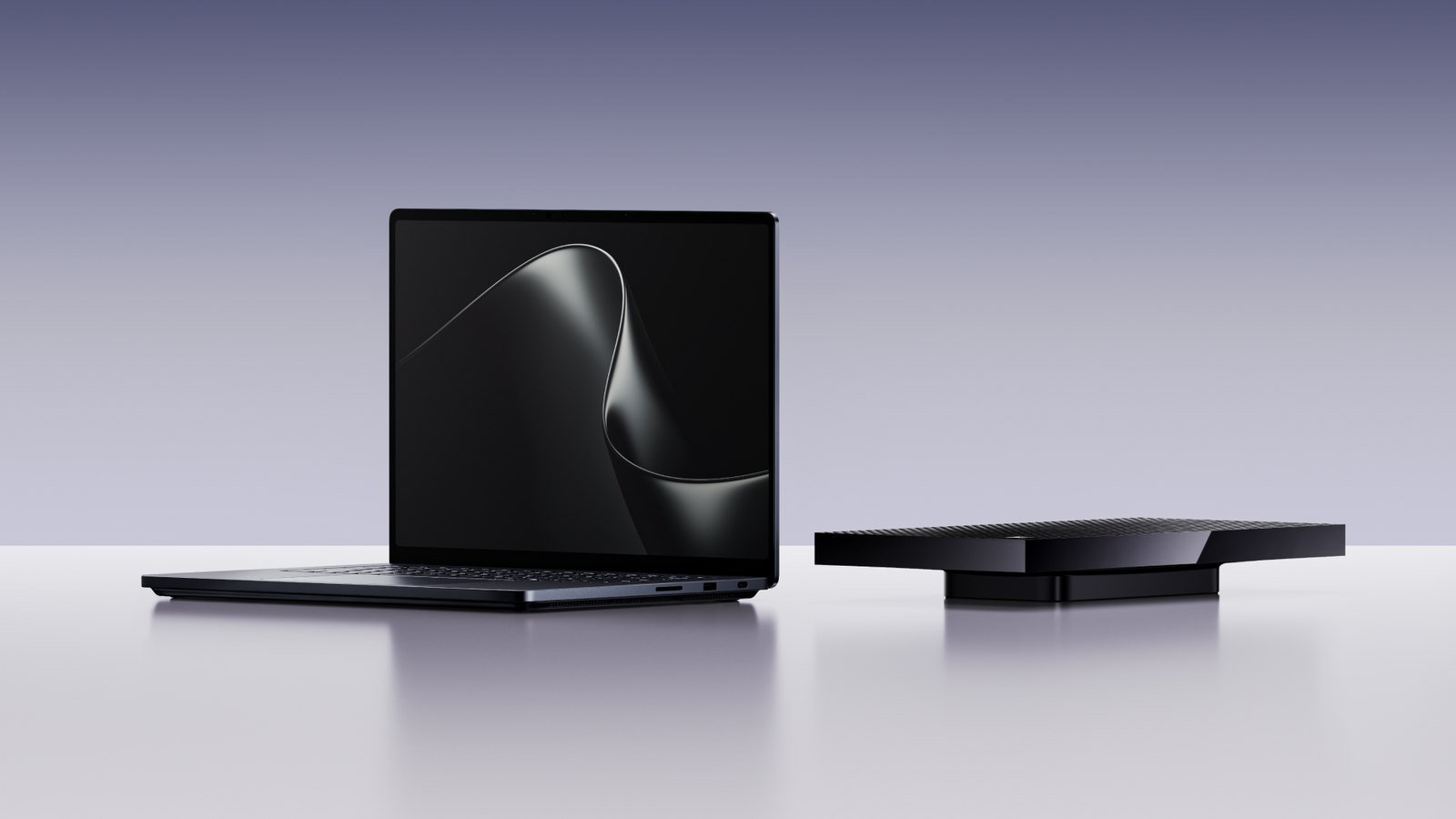 A dark Surface Laptop Ultra standing open next to the low, flat Surface RTX Spark Dev Box on a pale lavender studio backdrop